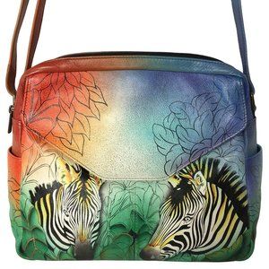 Anuschka NEVER USED Handpainted Leather Crossbody Bag Flap Zebras